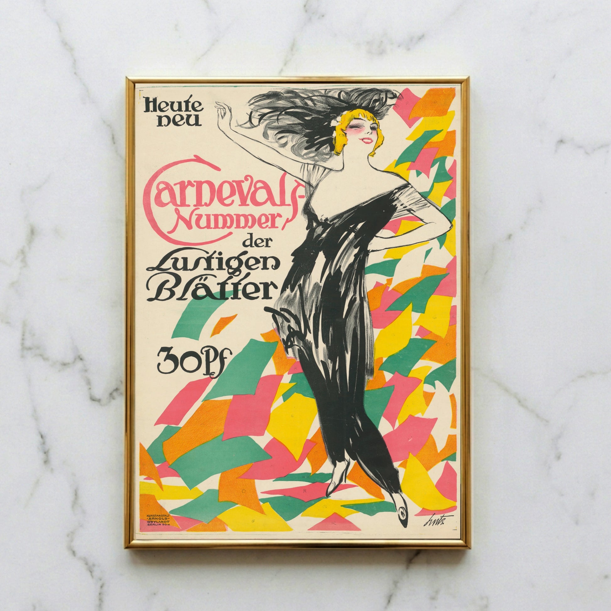 Vintage Karnevals-Poster von 1914 mit einer tanzenden Frau in schwarzem Kleid und buntem Konfetti.