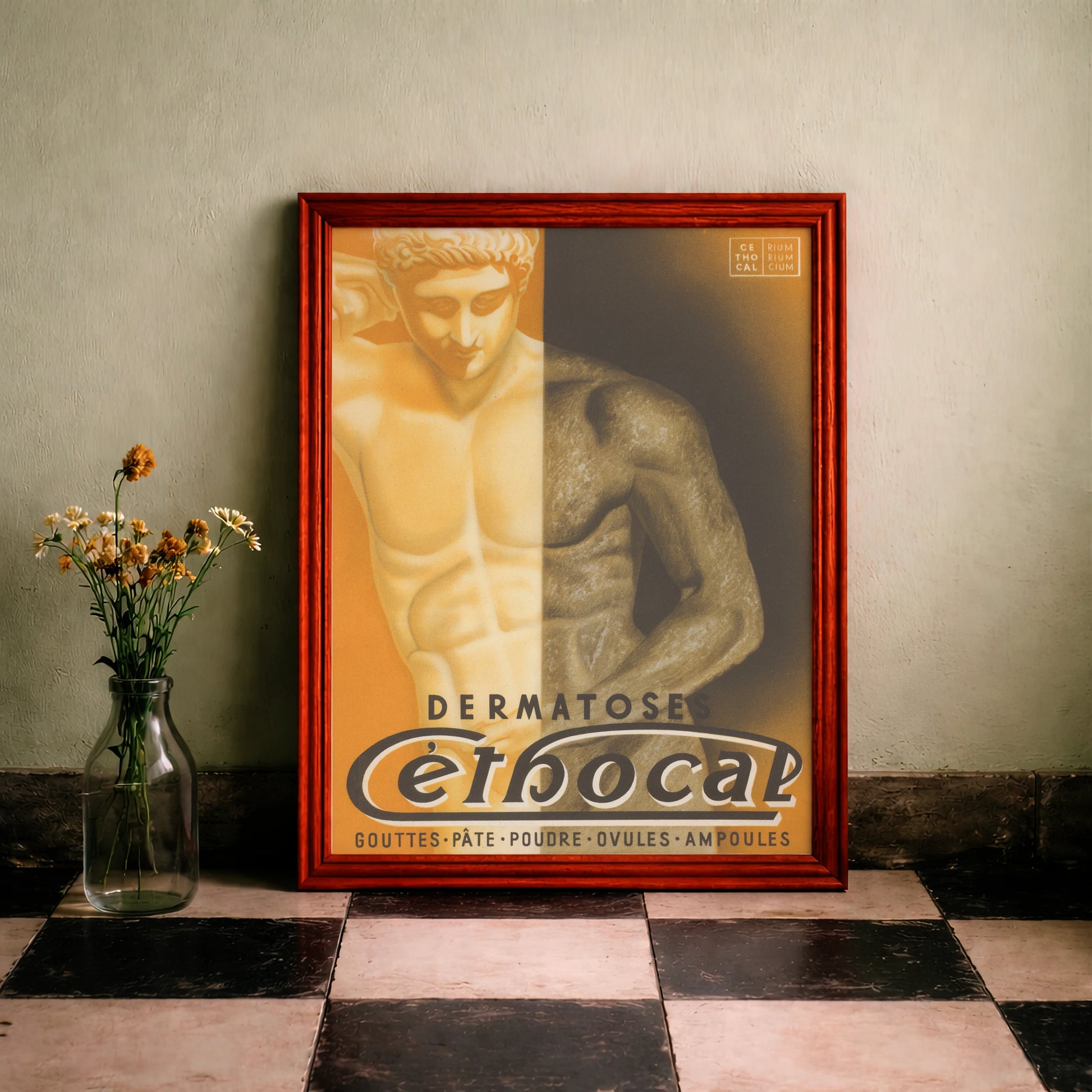 Vintage-Werbeplakat für Céthocal mit einer zweigeteilten antiken Statue in Gold und Schwarz.