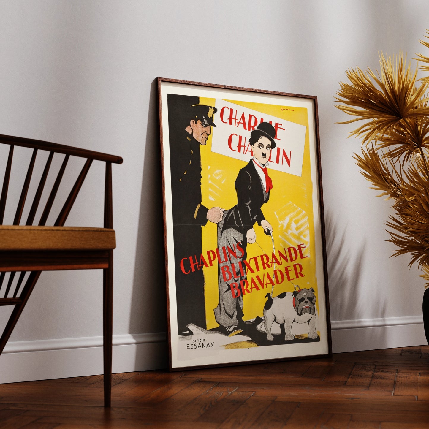 Illustration von Eric Rohman zeigt Charlie Chaplin, einen Polizisten und einen Hund.