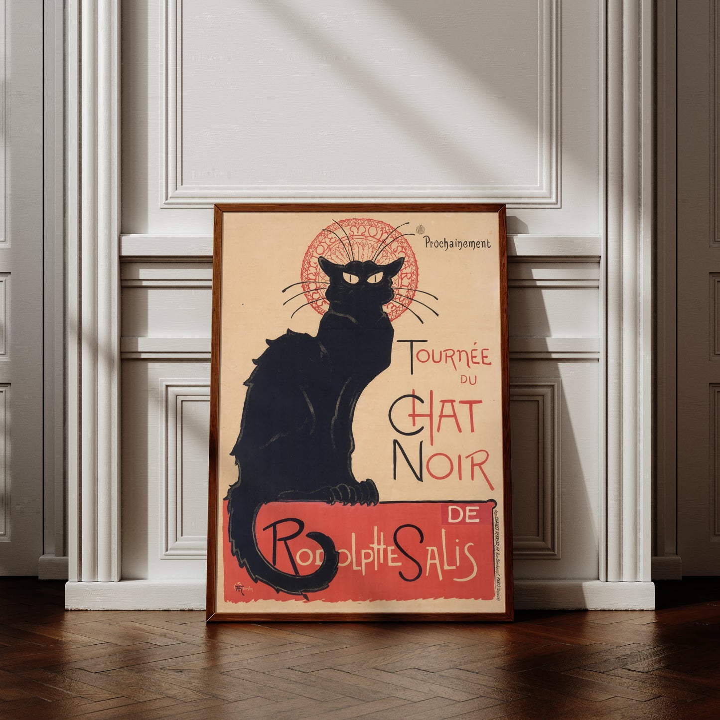 Le Chat Noir Vintage Poster von Théophile-Alexandre Steinlen mit schwarzer Katze auf gelbem Grund.