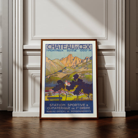 Vintage-Tourismusplakat von Château-d’Œx aus dem Jahr 1919 mit Alpengipfeln.