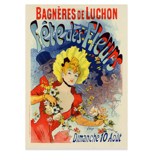 Jules Chéret Kunstposter im Hochformat mit lebendigen Farben und floralen Motiven.