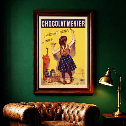 Berühmtes Chocolat Menier Plakat von 1893 zeigt ein Mädchen mit Zöpfen, das den Markennamen schreibt.