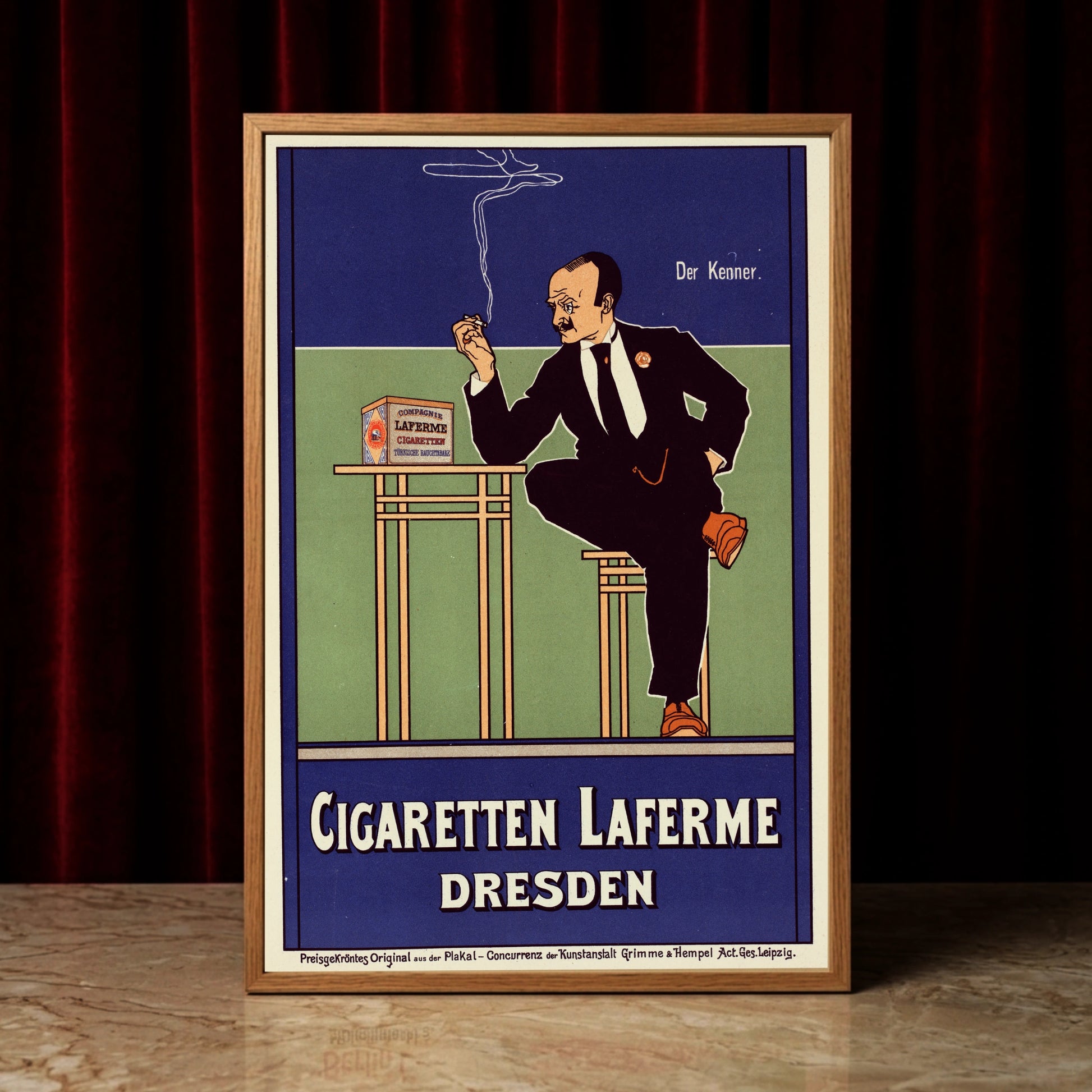 Cigaretten Laferme Vintage Plakat von 1898 mit einem eleganten Herrn mit Monokel.
