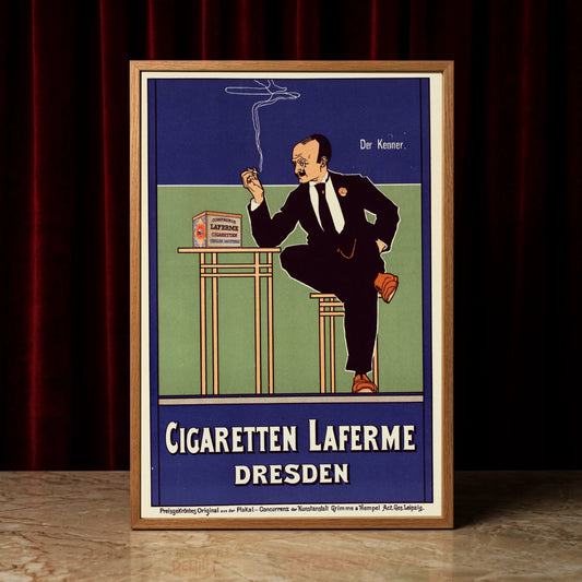 Cigaretten Laferme Vintage Plakat von 1898 mit einem eleganten Herrn mit Monokel.