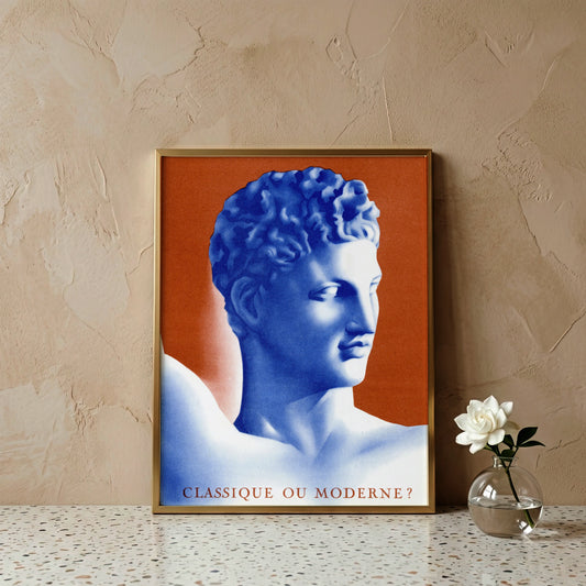 Blaue antike Büste vor feurigem orangem Hintergrund mit dem Schriftzug Classique ou Moderne.