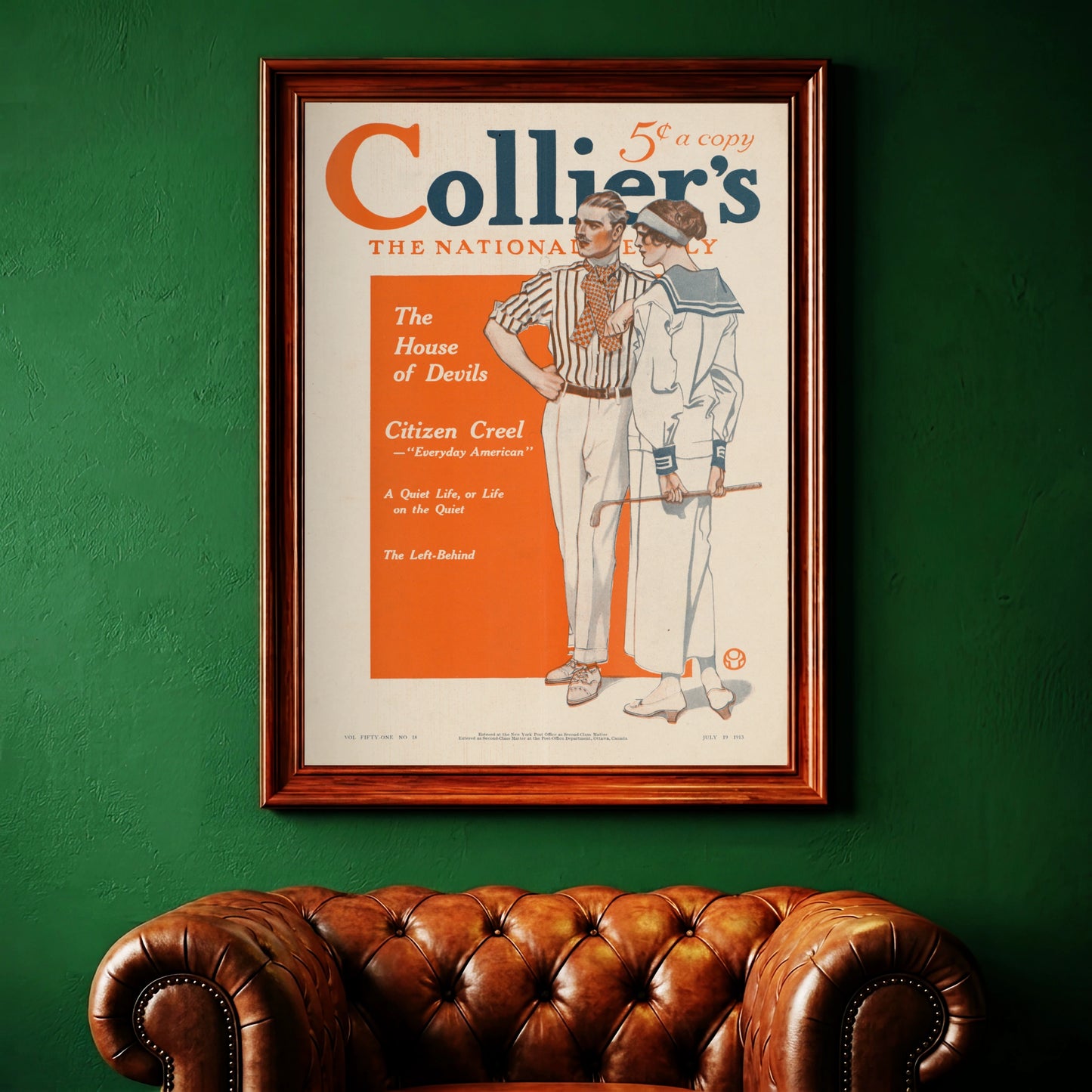 Grafikdesign des frühen 20. Jahrhunderts mit Golfschläger und maritimer Damenbekleidung.