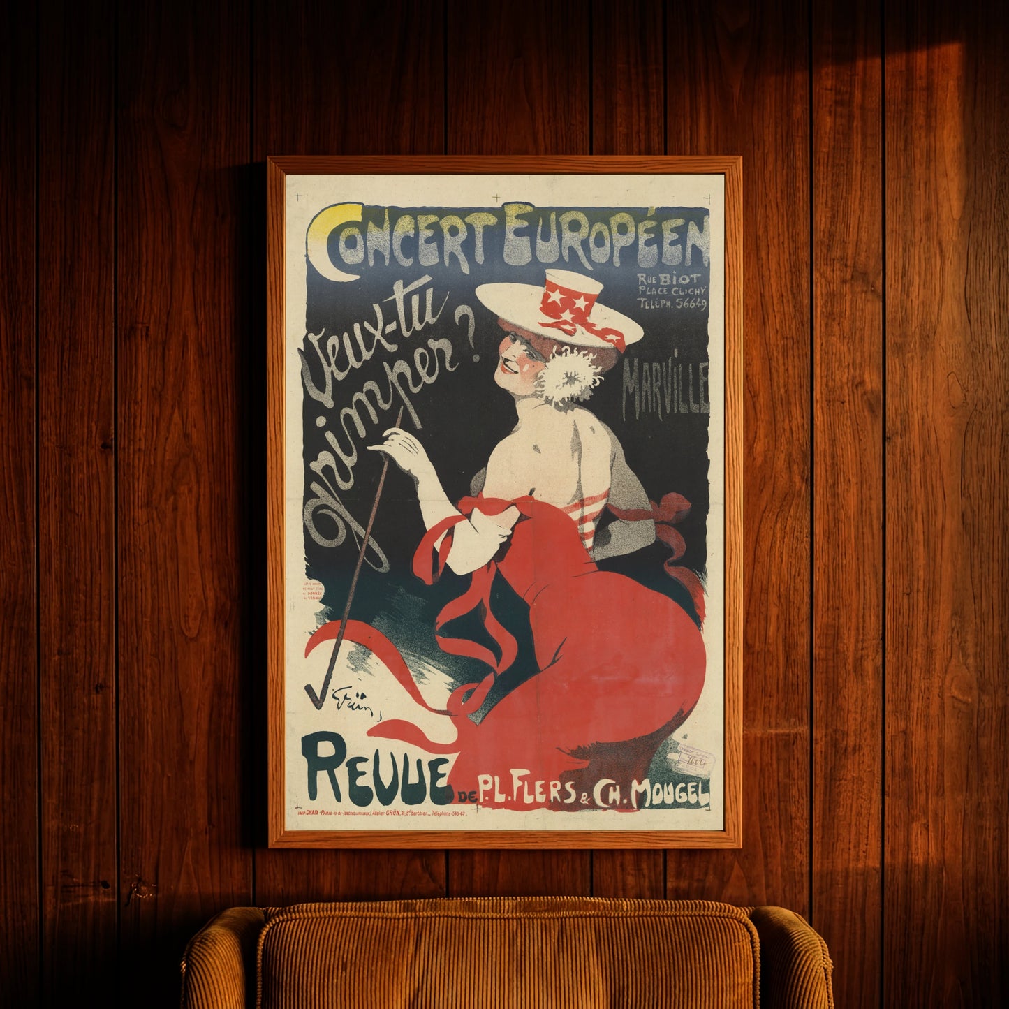 Französisches Vintage-Poster von 1901 zeigt eine Frau in rotem Kleid für das Concert Européen.
