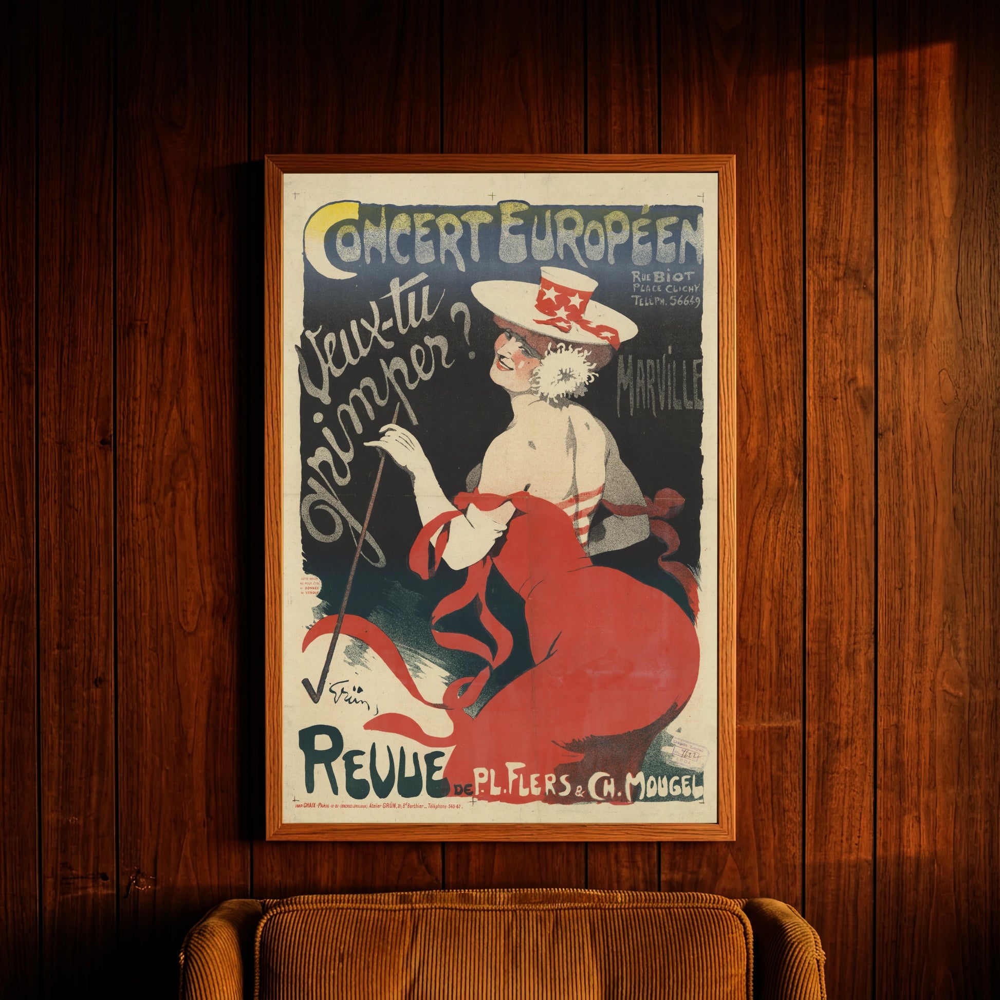 Französisches Vintage-Poster von 1901 zeigt eine Frau in rotem Kleid für das Concert Européen.