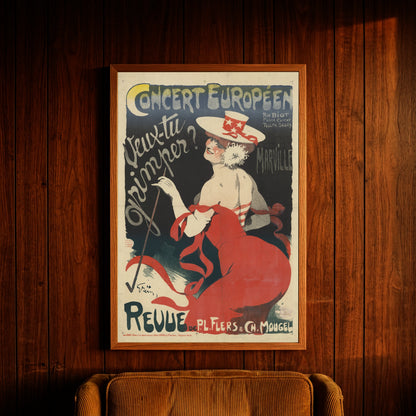 Französisches Vintage-Poster von 1901 zeigt eine Frau in rotem Kleid für das Concert Européen.