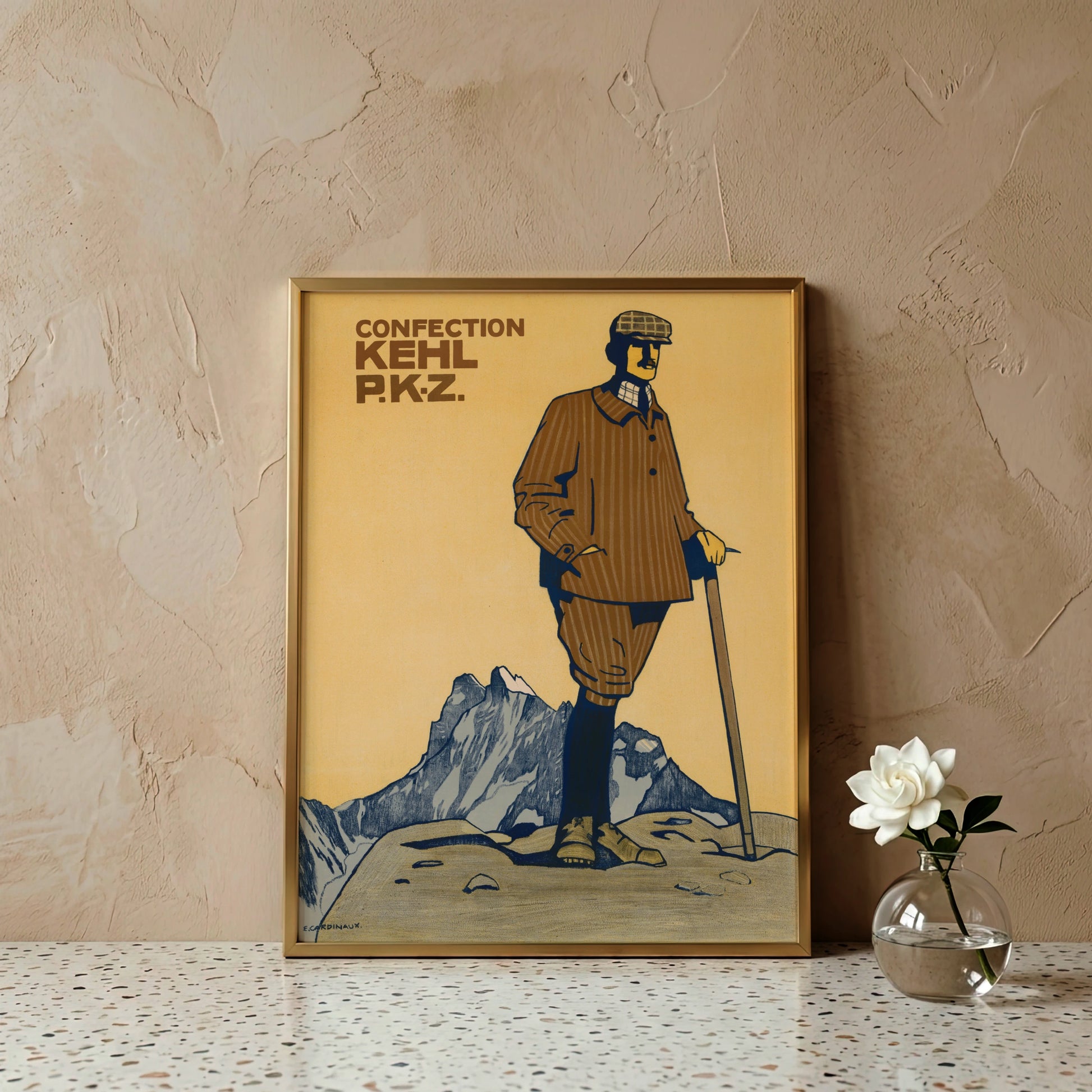 Vintage Modeplakat Confection Kehl PKZ von Emil Cardinaux mit einem Bergsteiger vor Alpenpanorama.