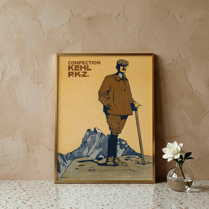 Vintage Modeplakat Confection Kehl PKZ von Emil Cardinaux mit einem Bergsteiger vor Alpenpanorama.