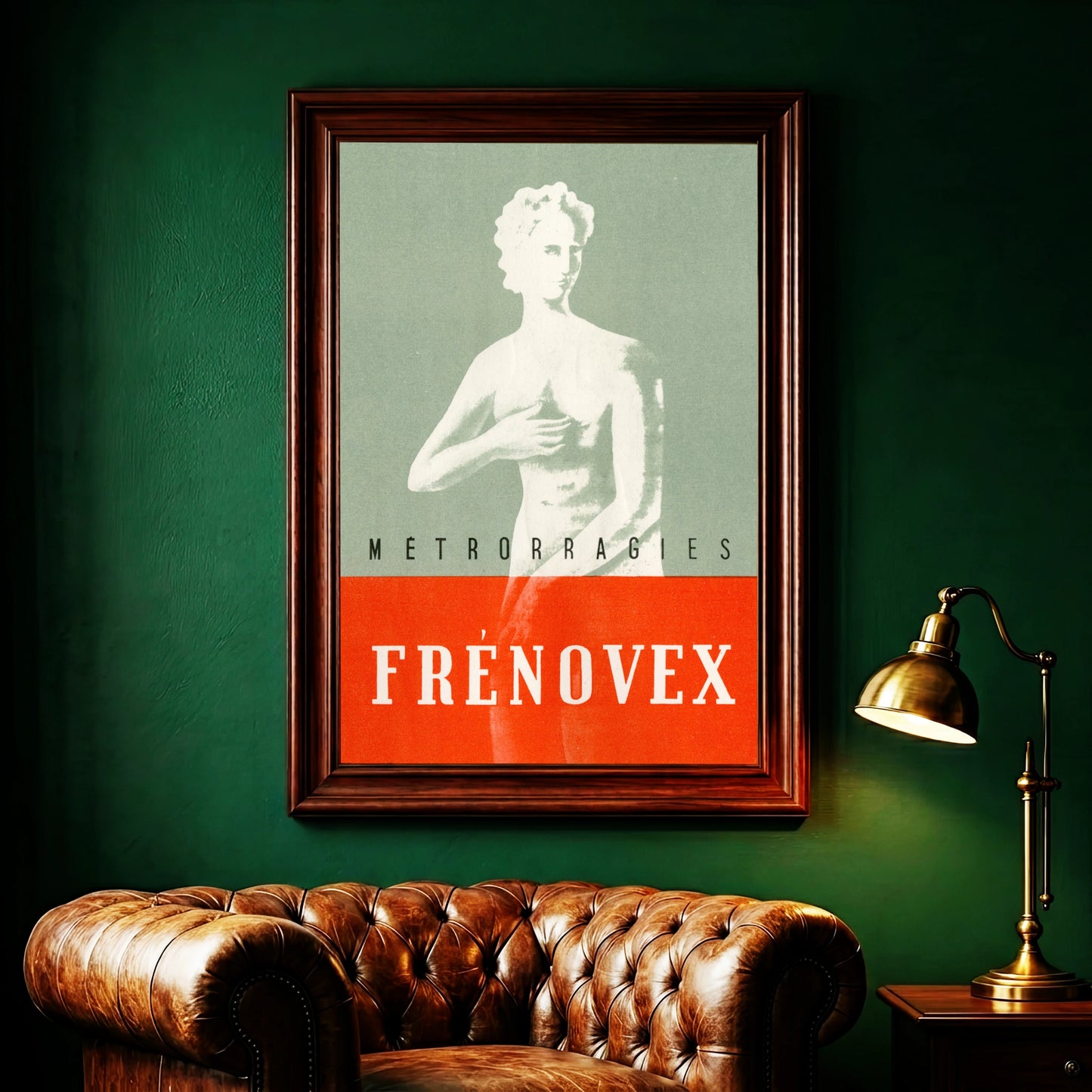 Retro Medizin Poster aus Frankreich mit Fokus auf eine stilisierte Frauenstatue und den Schriftzug Frénovex.