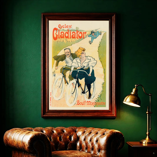 Cycles Gladiator Vintage Poster von 1895 mit einem Paar auf Fahrrädern.