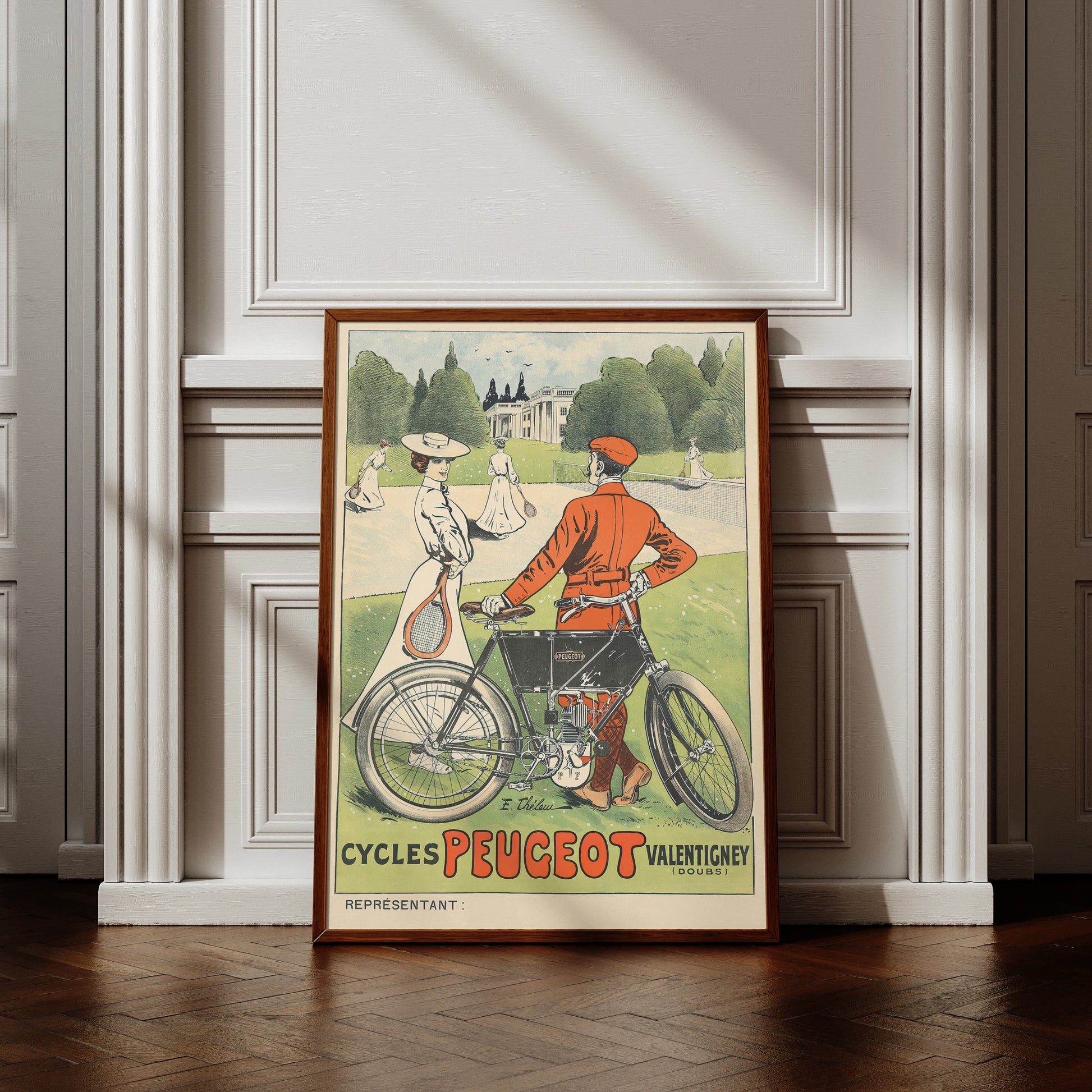 Werbeplakat für Cycles Peugeot von Ernest Thélem mit einem Mann neben einem motorisierten Fahrrad.