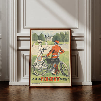 Werbeplakat für Cycles Peugeot von Ernest Thélem mit einem Mann neben einem motorisierten Fahrrad.