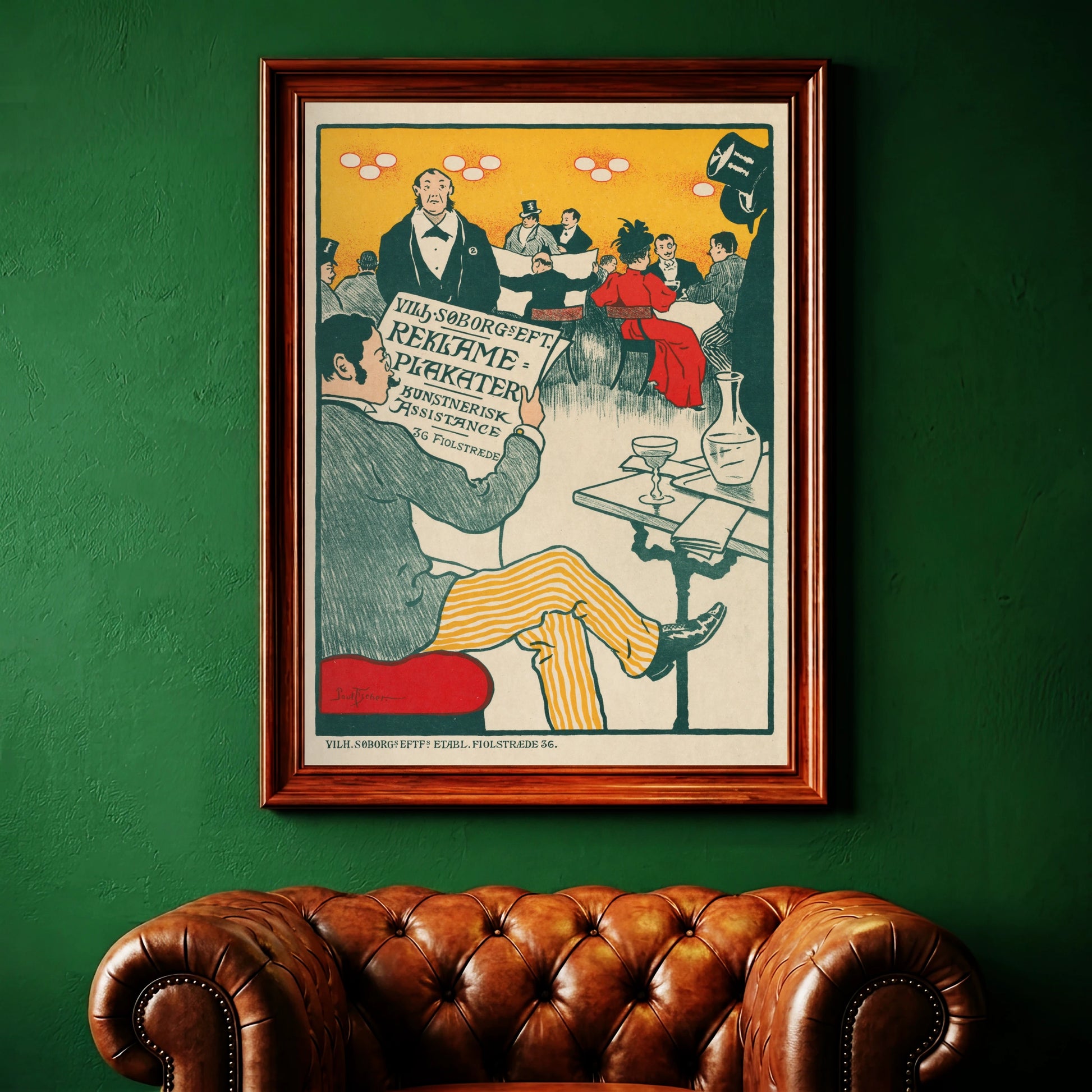 Illustration von Paul Fischer: Ein Mann im Vordergrund hält ein Plakat mit der Aufschrift Reklame Plakater.