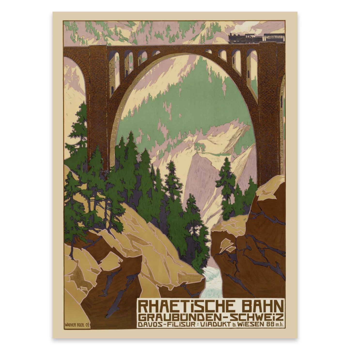 Schweizer Bahn-Nostalgie Plakat mit dezenter Farbgebung und markanter Typografie.