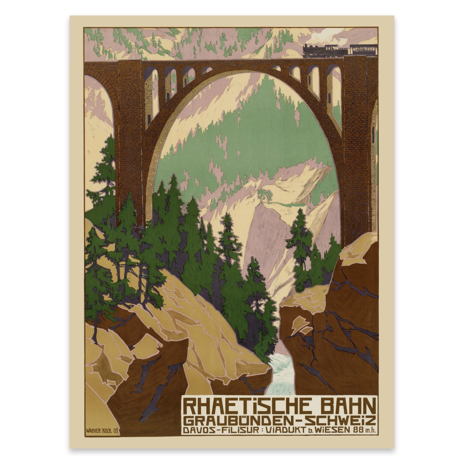 Schweizer Bahn-Nostalgie Plakat mit dezenter Farbgebung und markanter Typografie.