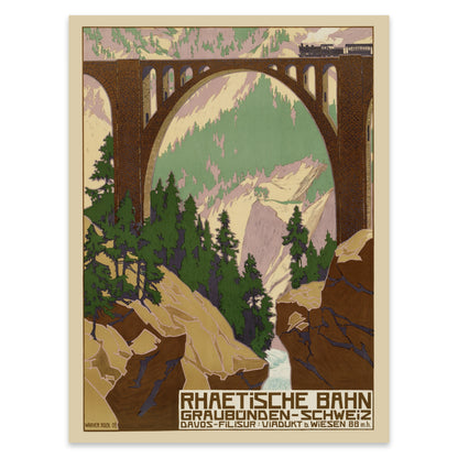 Schweizer Bahn-Nostalgie Plakat mit dezenter Farbgebung und markanter Typografie.