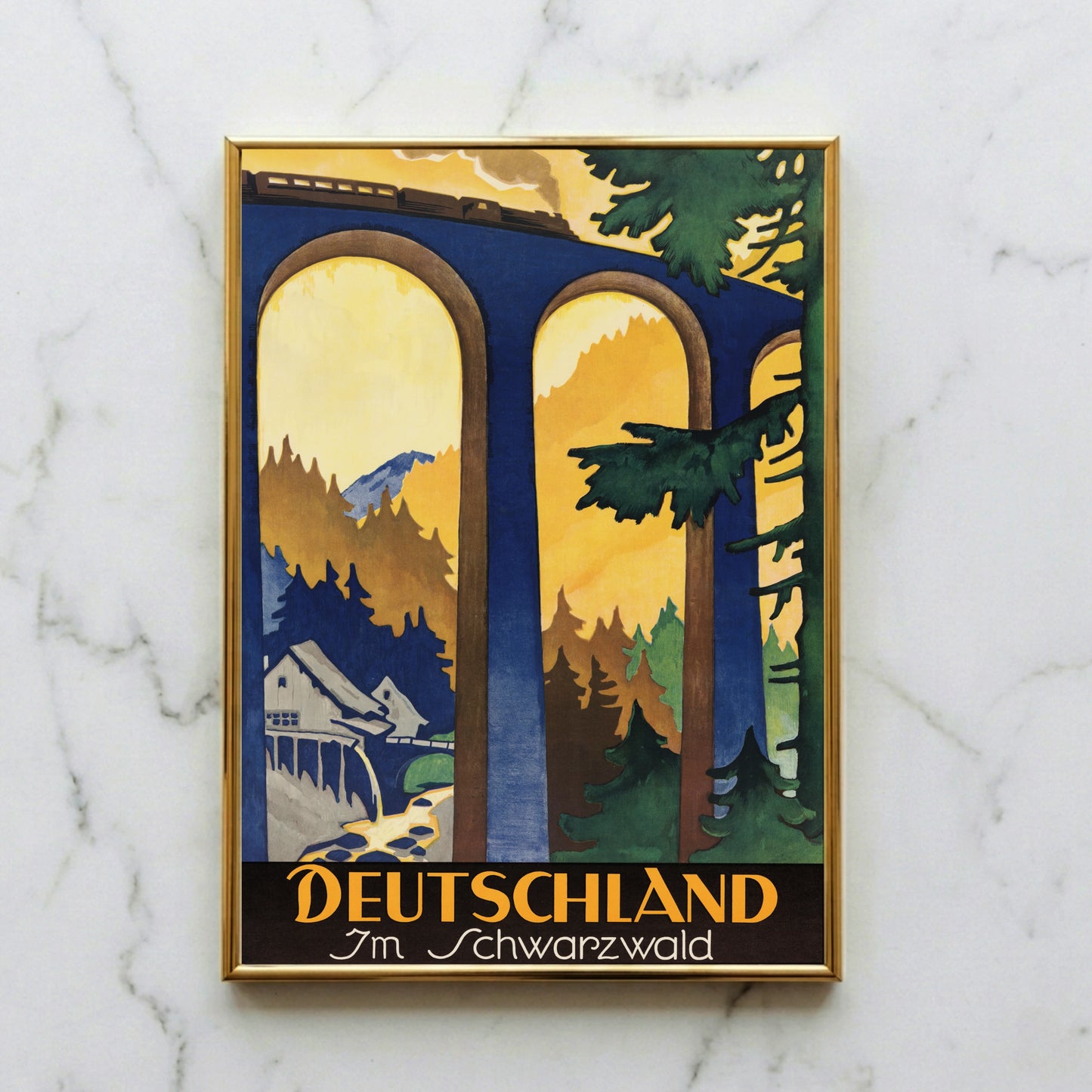 Grafische Illustration einer Schwarzwald-Mühle unter den Bögen einer Eisenbahnbrücke im Stil der 20er Jahre.