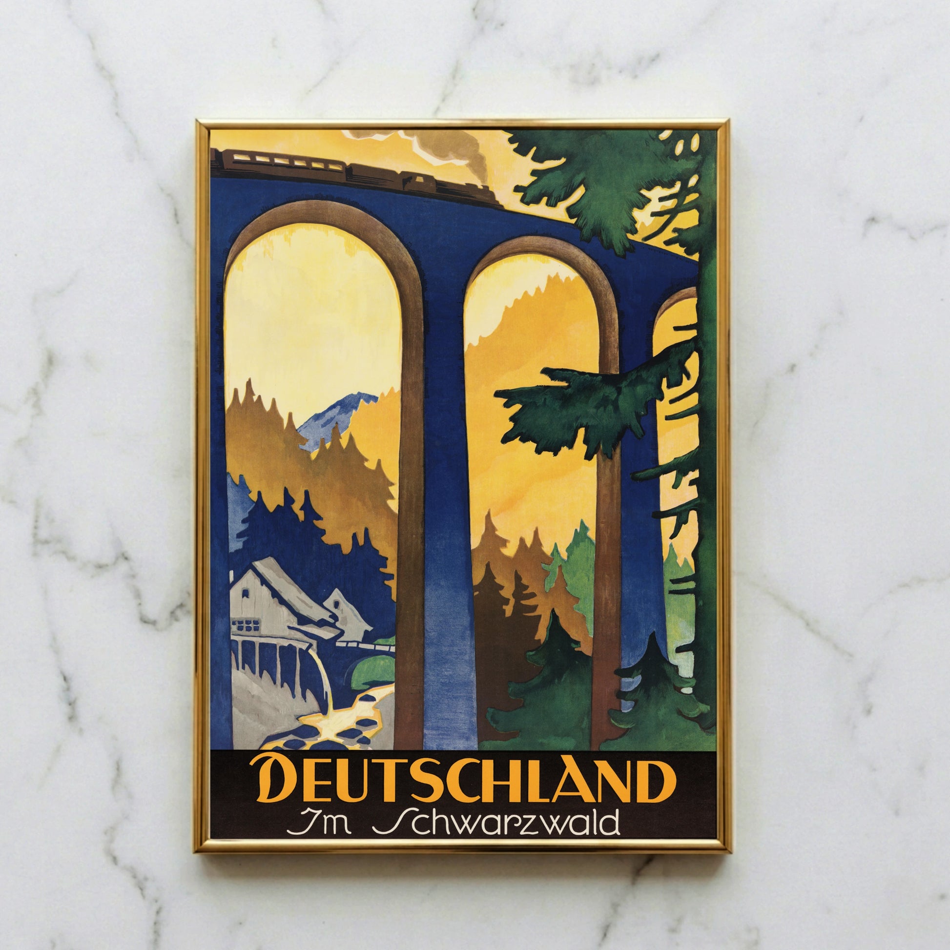 Grafische Illustration einer Schwarzwald-Mühle unter den Bögen einer Eisenbahnbrücke im Stil der 20er Jahre.