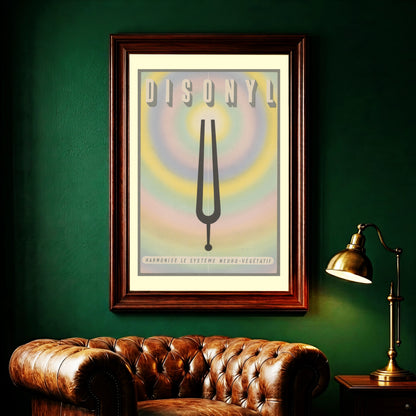 Vintage Poster Entwurf für Disonyl mit einer schwarzen Stimmgabel auf konzentrischen Farbkreisen.