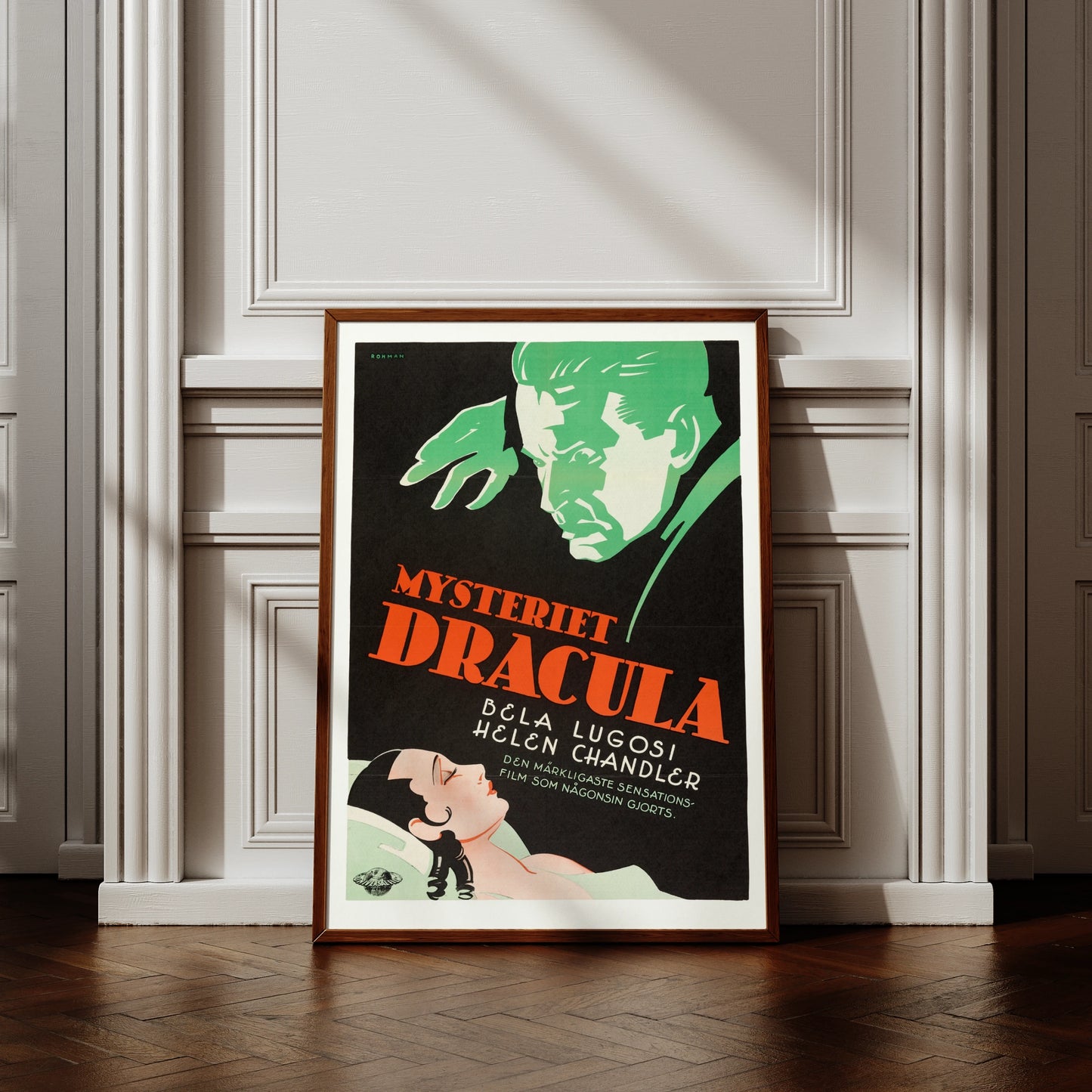 Schwedisches Filmplakat von Dracula aus dem Jahr 1931 von Eric Rohman mit grünem Gesicht.