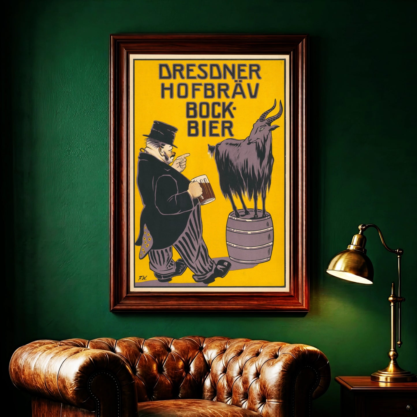 Historisches Werbeposter Dresdner Hofbräu Bock-Bier von 1899 mit Mann und Ziegenbock.