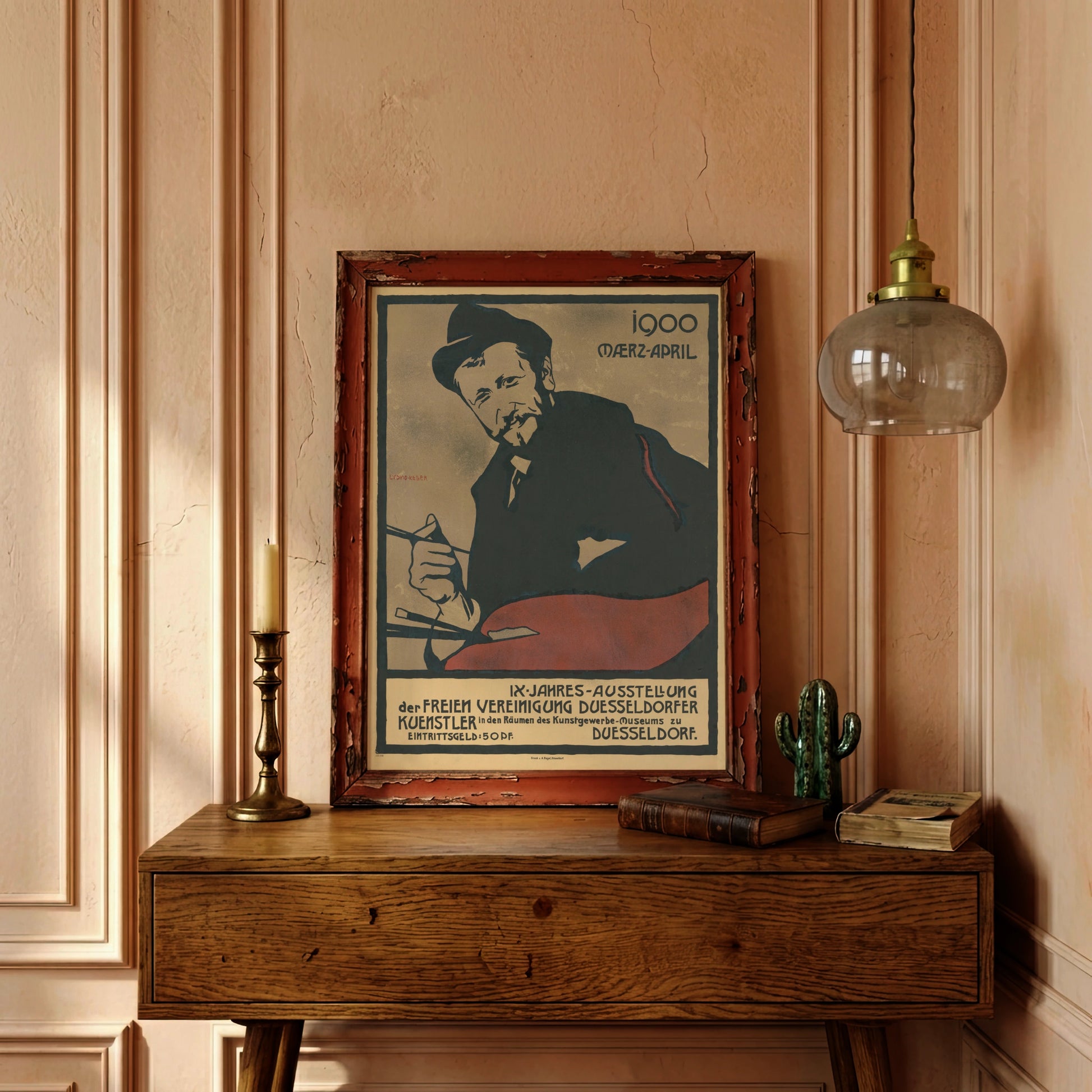 Historisches Ausstellungskonzept mit Maler und Palette von Ludwig Keller 1900.