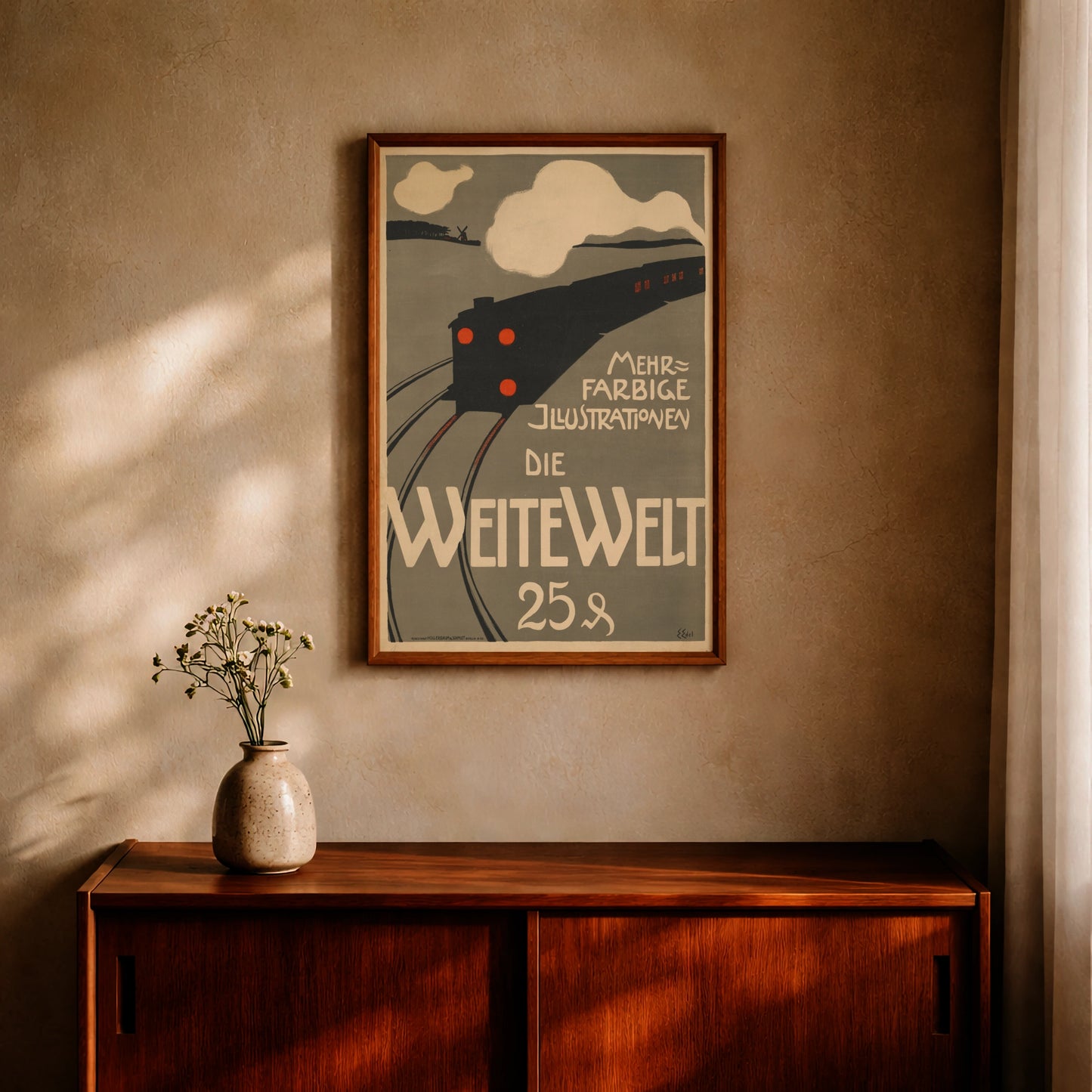 Vintage Plakat von Edmund Edel zeigt eine schwarze Dampflokomotive mit roten Lichtern bei Nacht.