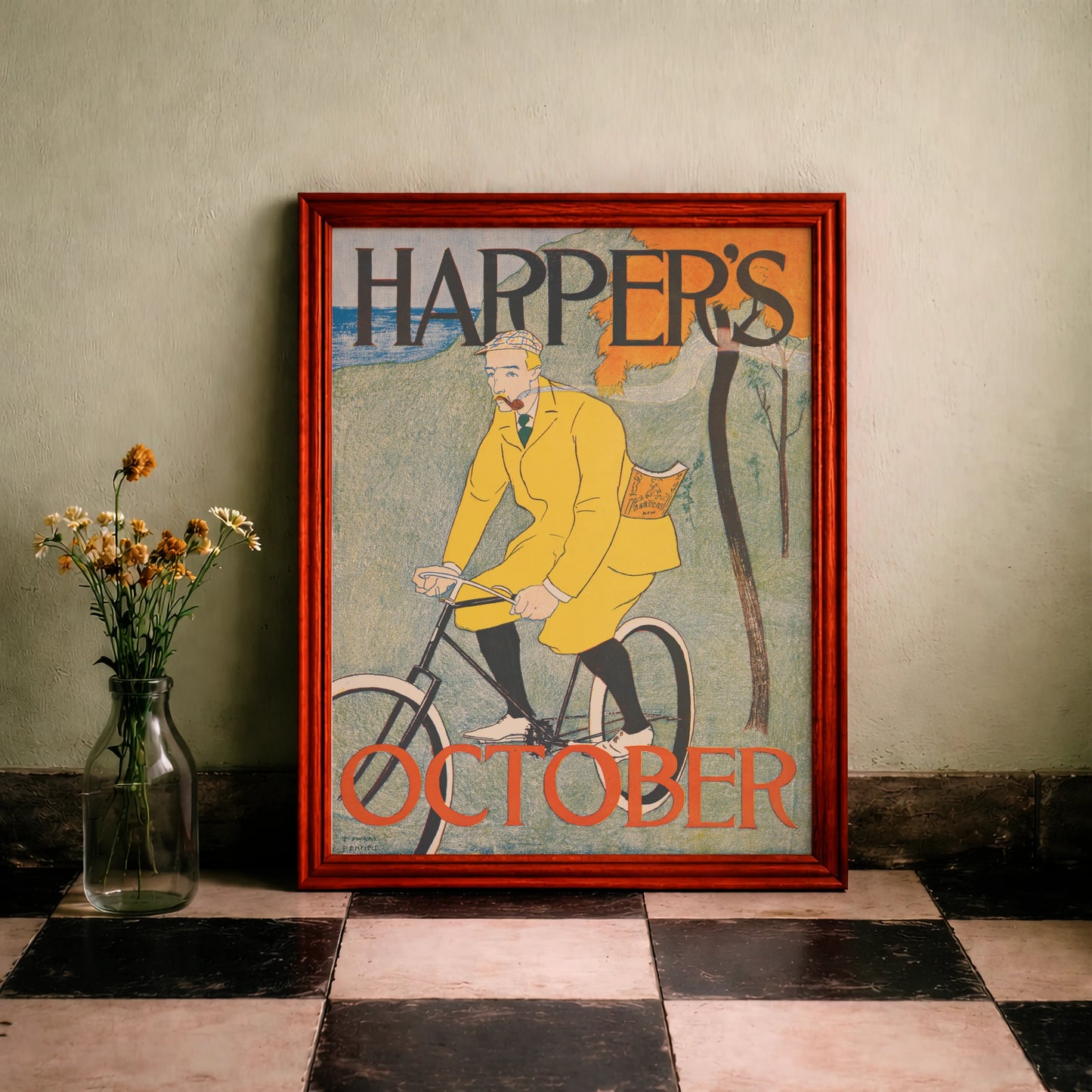 Illustration eines Mannes mit Pfeife und karierter Mütze auf einem Fahrrad, Edward Penfield 1894.