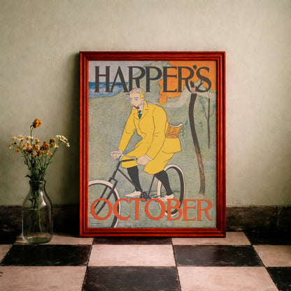 Illustration eines Mannes mit Pfeife und karierter Mütze auf einem Fahrrad, Edward Penfield 1894.