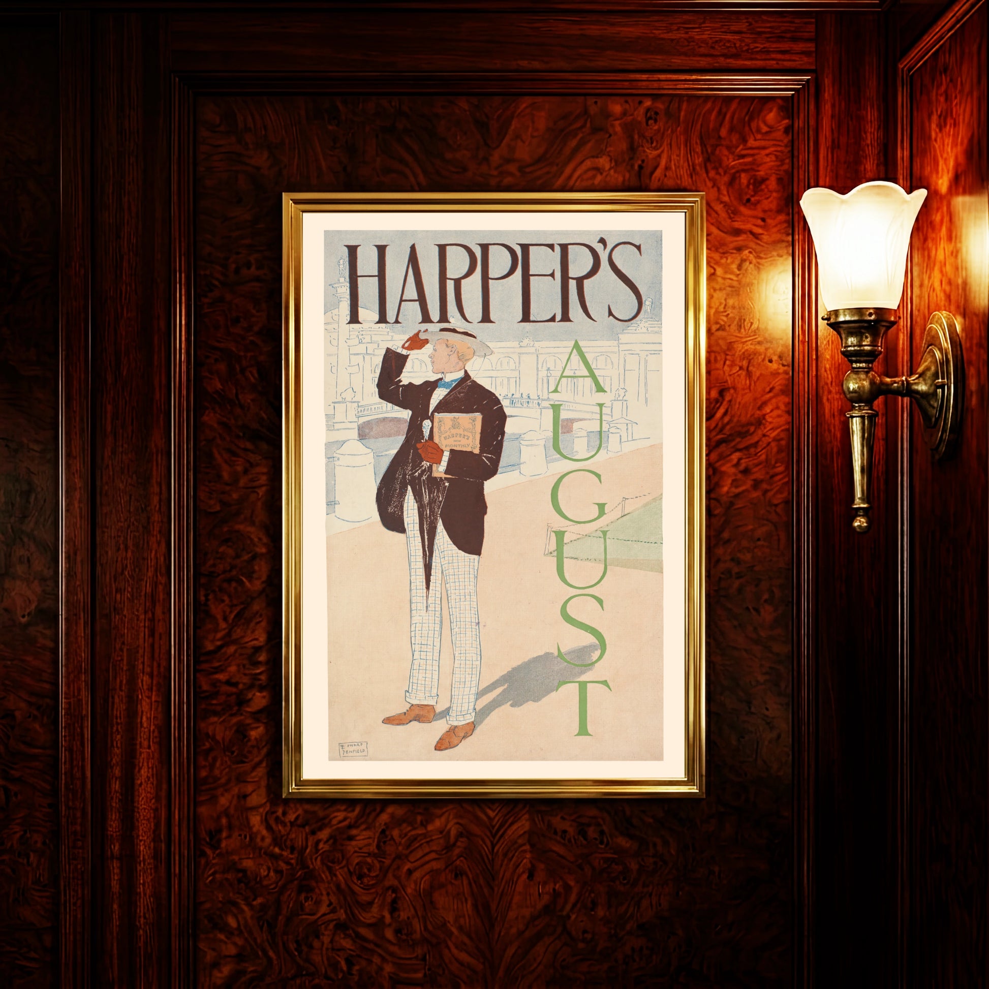 Vintage Plakat von Edward Penfield für Harper's Magazine August 1893 mit einem modischen Herrn vor klassischer Architektur.