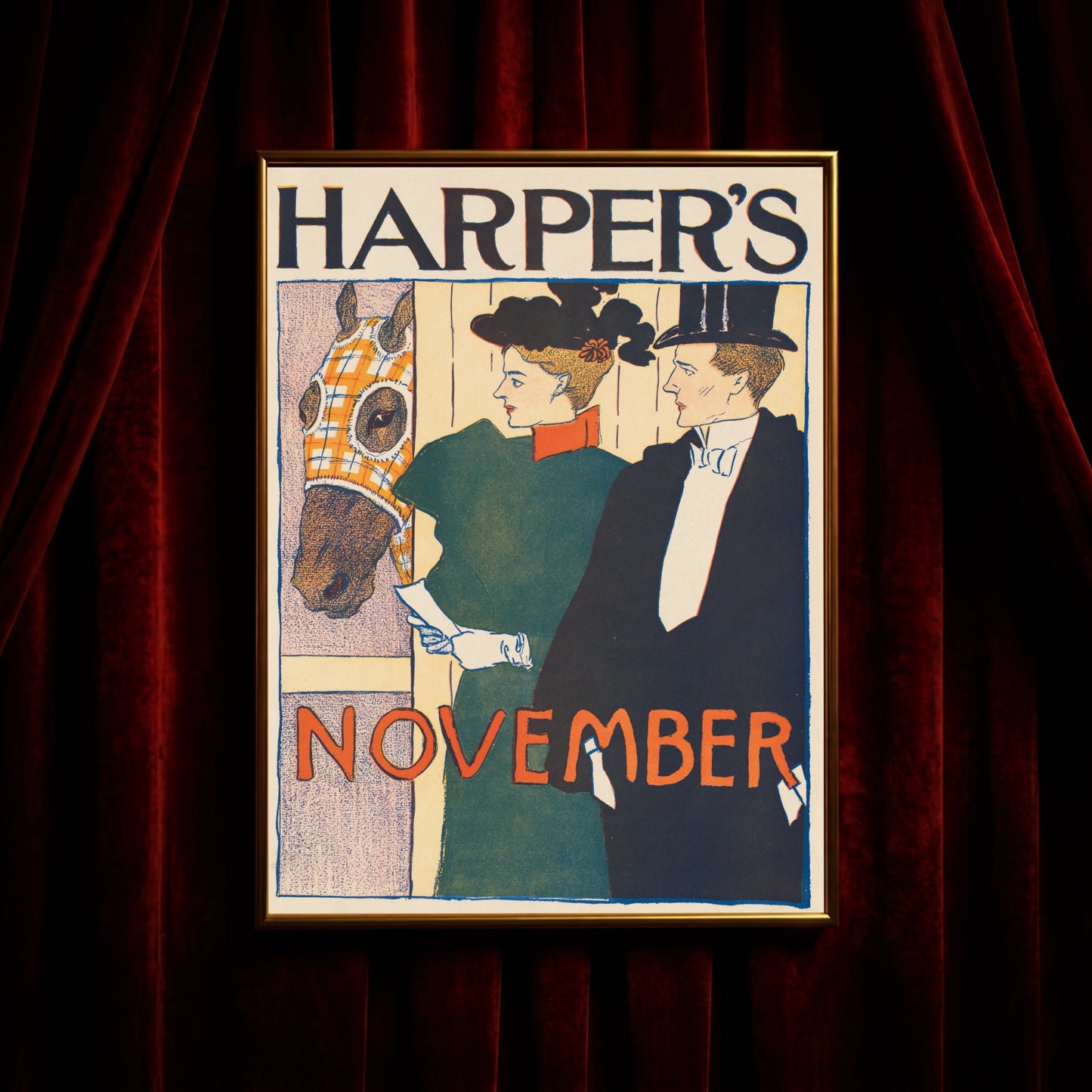 Vintage Werbeplakat für Harper's November Magazin in gedeckten Farben.