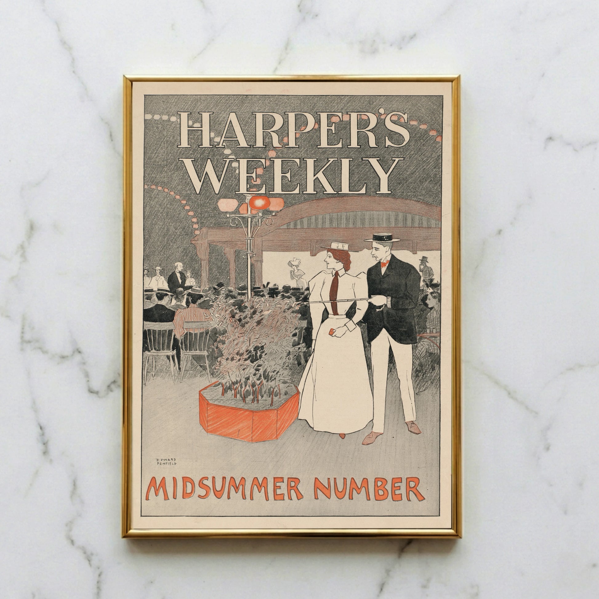 Vintage Illustration von Edward Penfield für Harper's Weekly Midsummer Number mit einem Paar in einem Café.