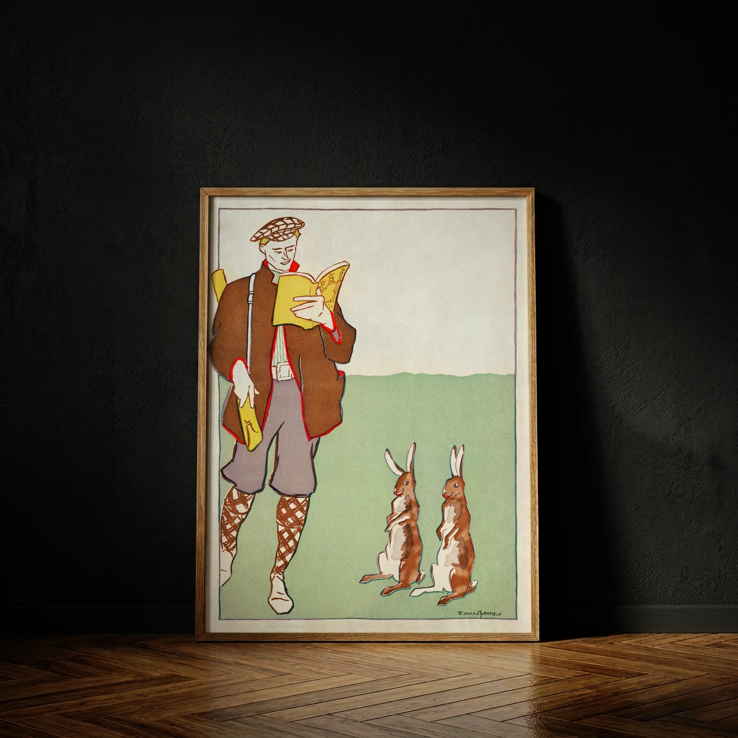 Edward Penfield Illustration von 1895 zeigt einen Jäger, der ein gelbes Buch liest, während zwei Hasen zusehen.