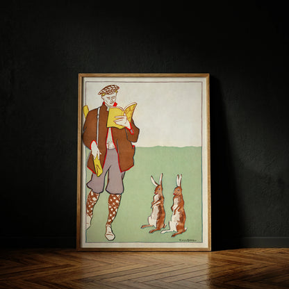 Edward Penfield Illustration von 1895 zeigt einen Jäger, der ein gelbes Buch liest, während zwei Hasen zusehen.