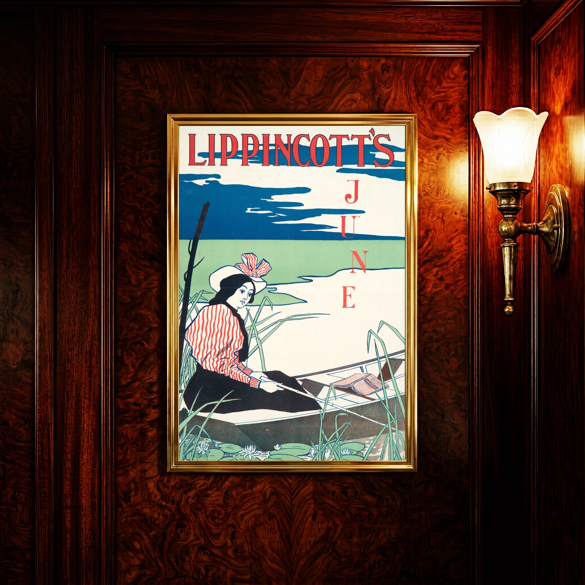 Vintage-Plakat von Edward Penfield zeigt eine Frau in rot-weiß gestreifter Bluse in einem Ruderboot.