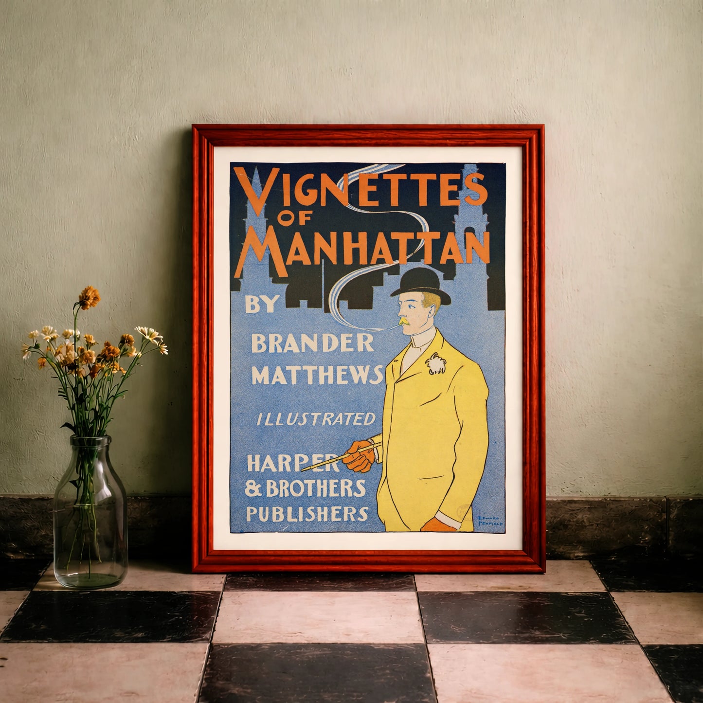 Vignettes of Manhattan Plakatmotiv mit einem eleganten Herrn in gelber Jacke und schwarzem Hut.