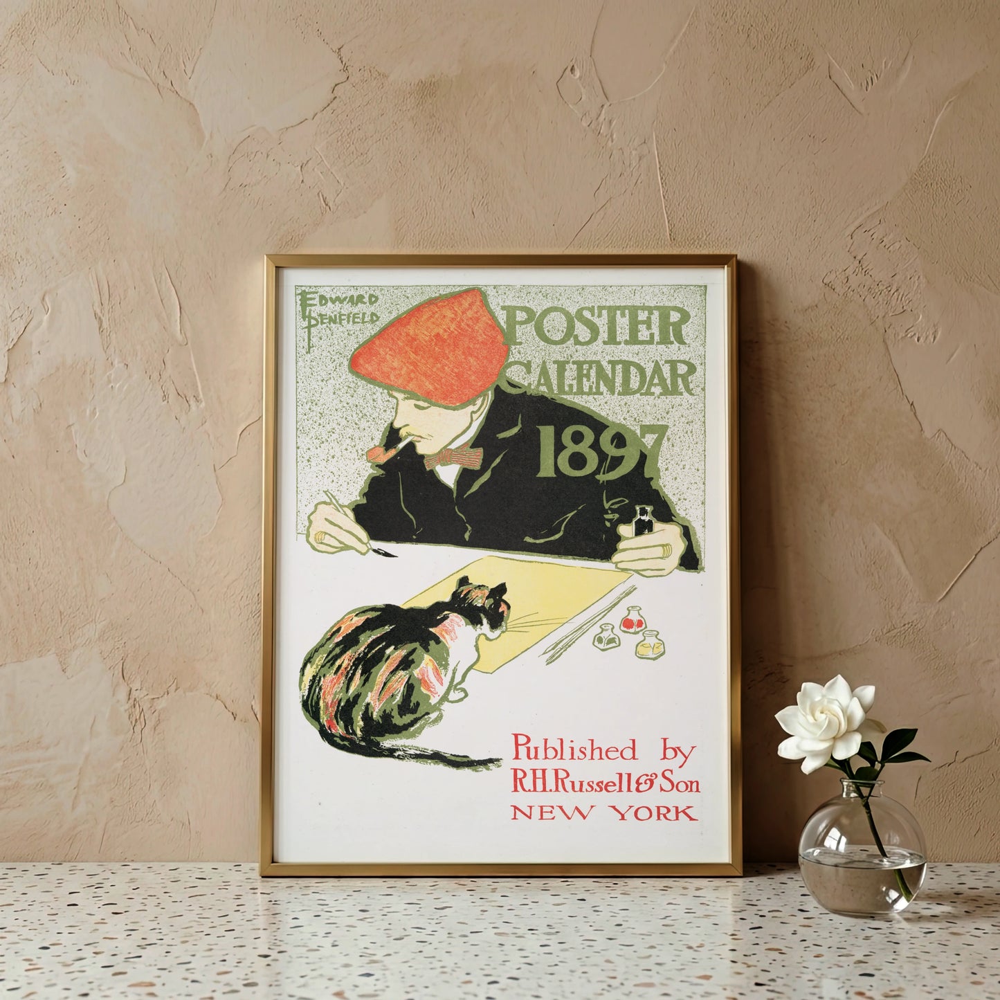 Vintage Poster von Edward Penfield 1897 zeigt einen Künstler mit roter Mütze und einer Katze.