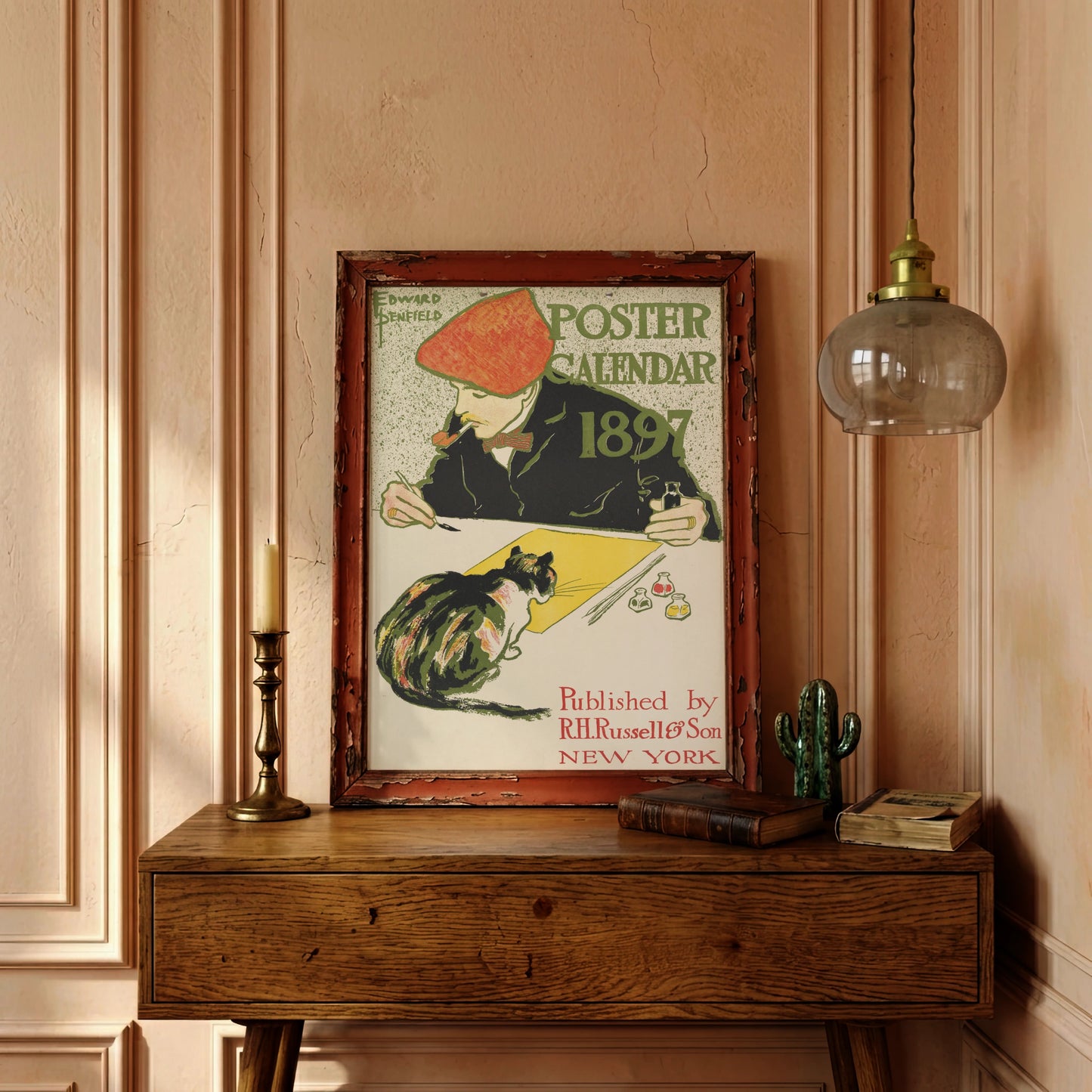 Vintage Poster Illustration von Edward Penfield zeigt einen Künstler beim Zeichnen mit einer Katze auf dem Tisch.