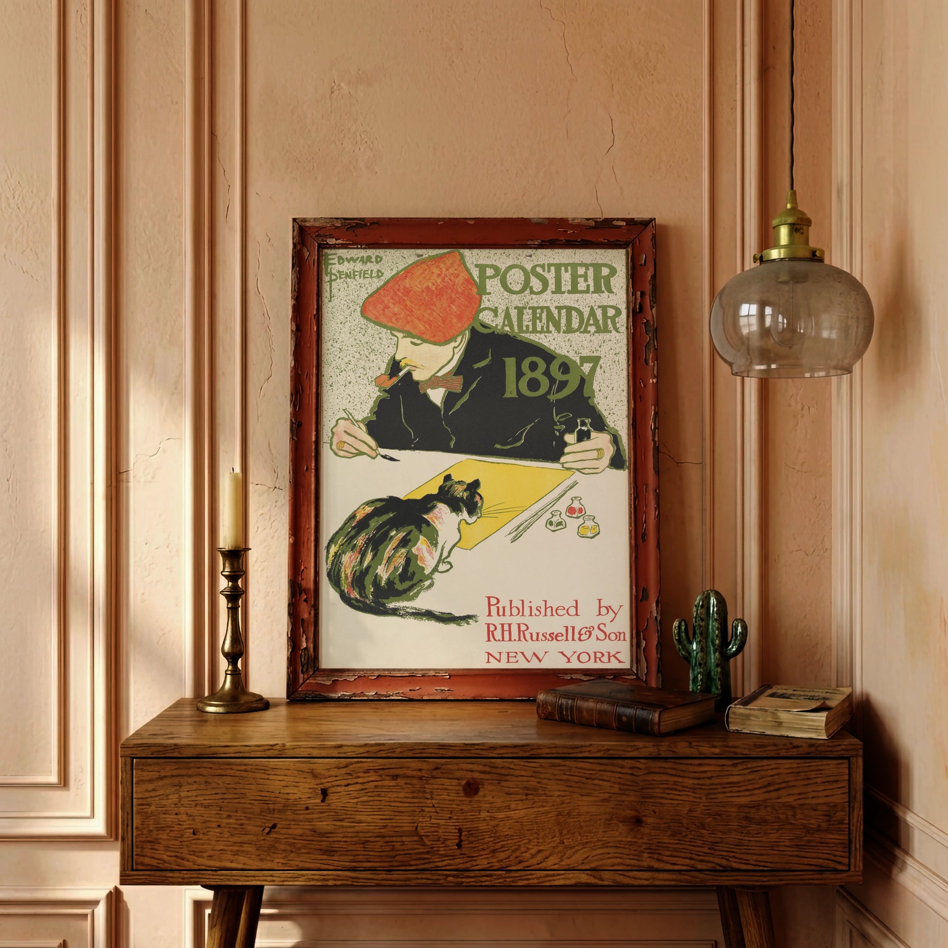 Vintage Poster Illustration von Edward Penfield zeigt einen Künstler beim Zeichnen mit einer Katze auf dem Tisch.