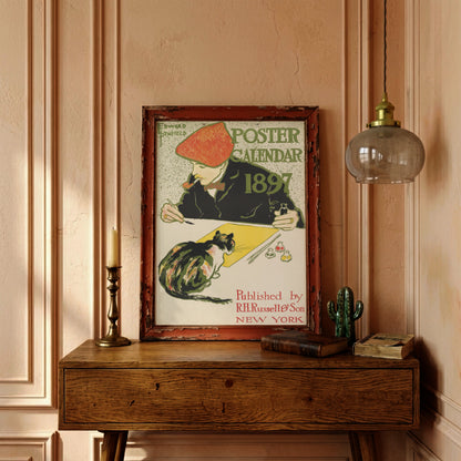 Vintage Poster Illustration von Edward Penfield zeigt einen Künstler beim Zeichnen mit einer Katze auf dem Tisch.