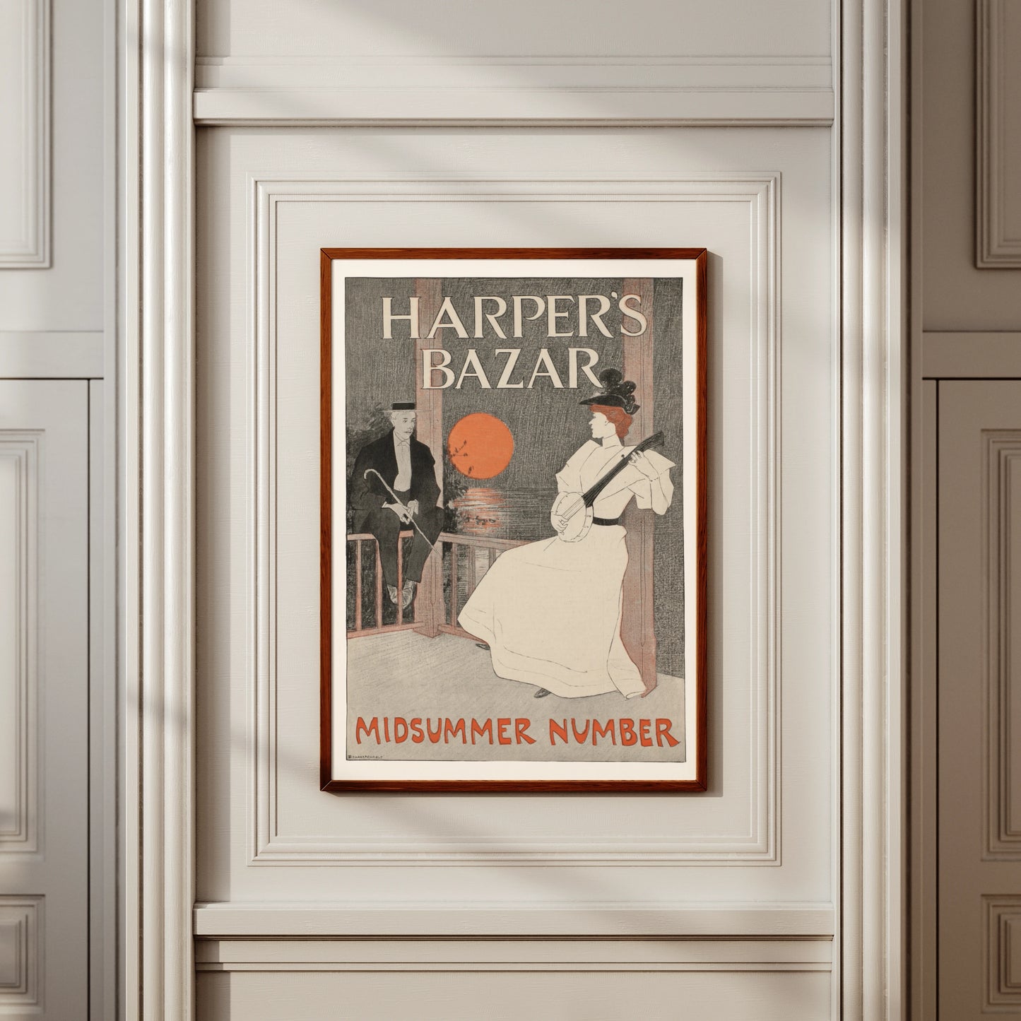 Jugendstil Plakat von Edward Penfield mit einer nächtlichen Szene am Wasser und einem großen roten Mond.