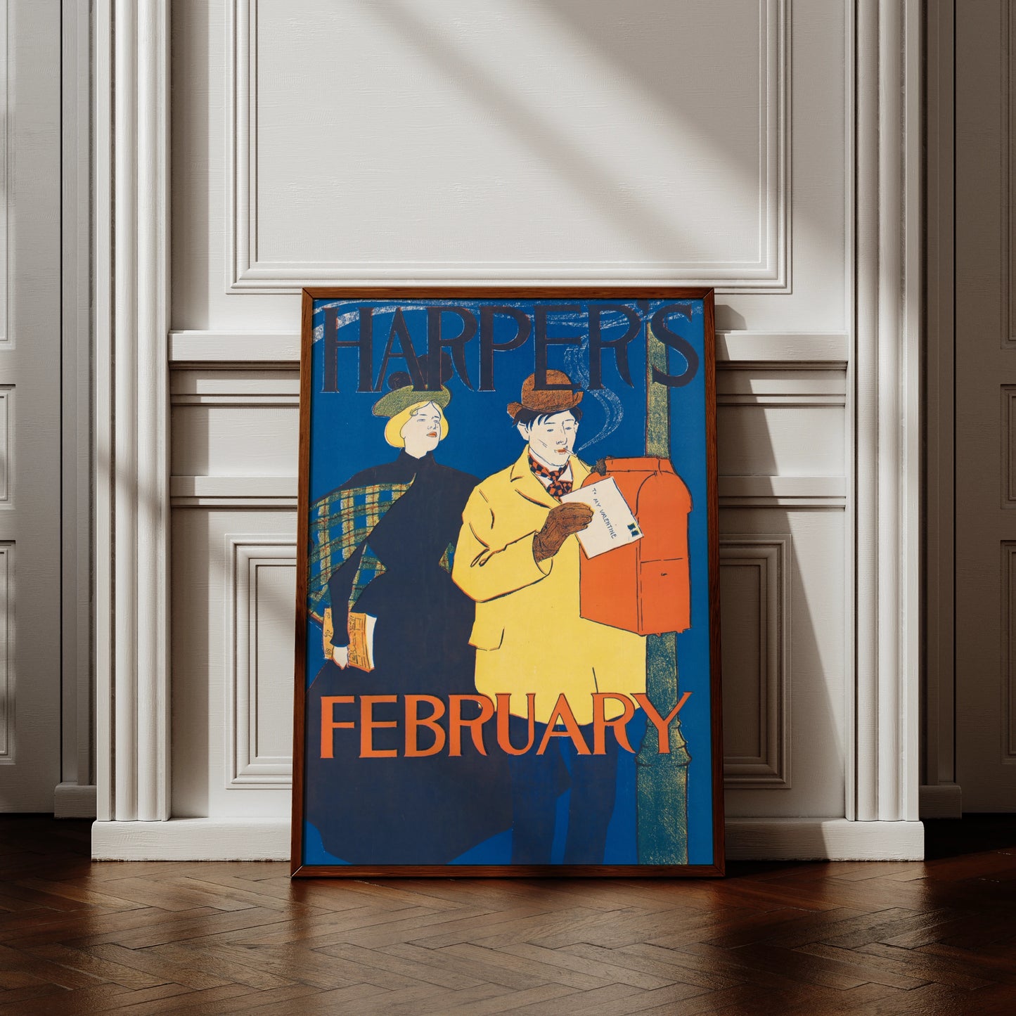Illustration eines Mannes im gelben Mantel, der eine Valentinskarte einwirft, im Stil des Art Nouveau.