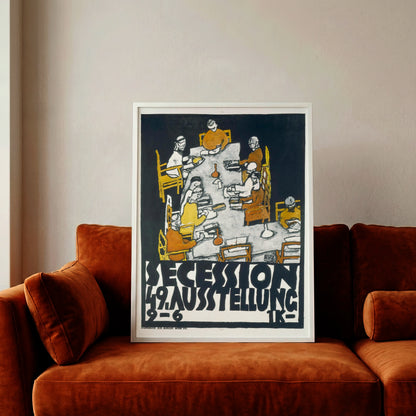 Kunstdruck der 49. Secession Ausstellung mit Figurengruppe am Tisch von Egon Schiele.
