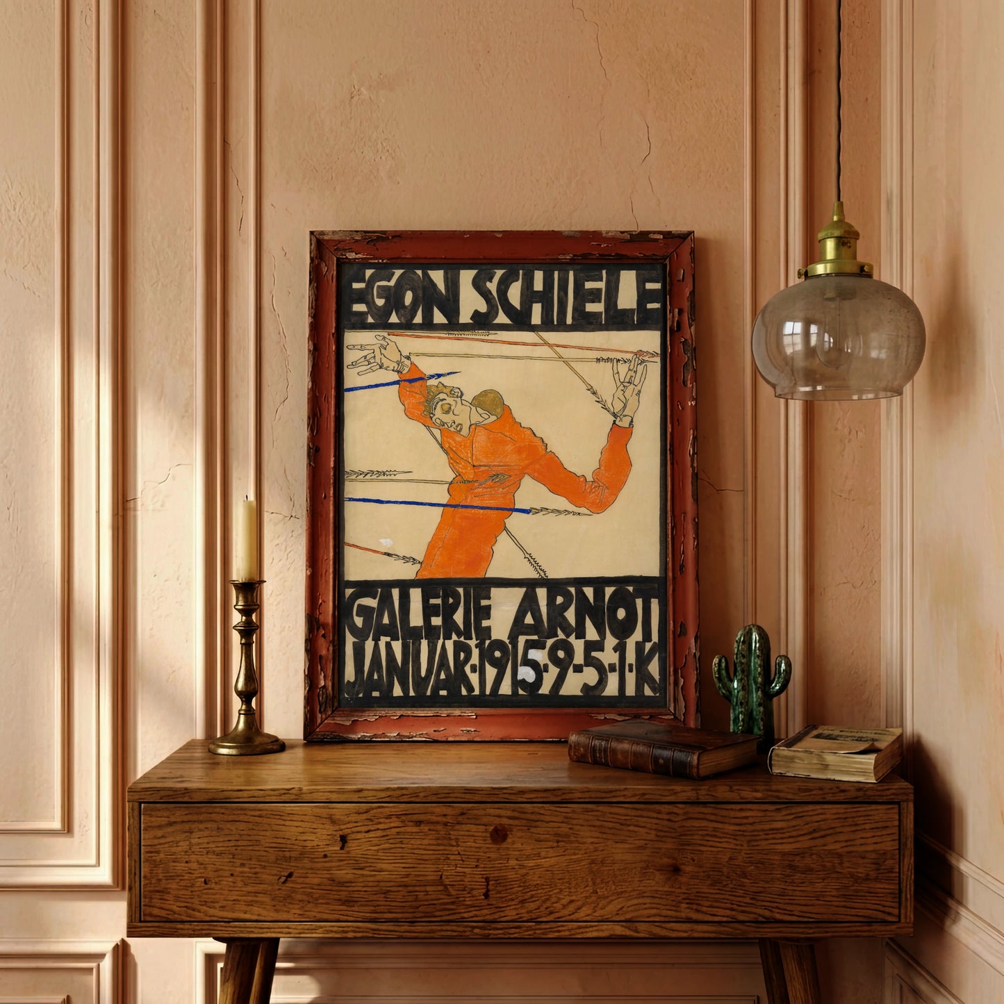 Egon Schiele Ausstellungsplakat Galerie Arnot 1915 mit Darstellung des Künstlers als Heiliger Sebastian.