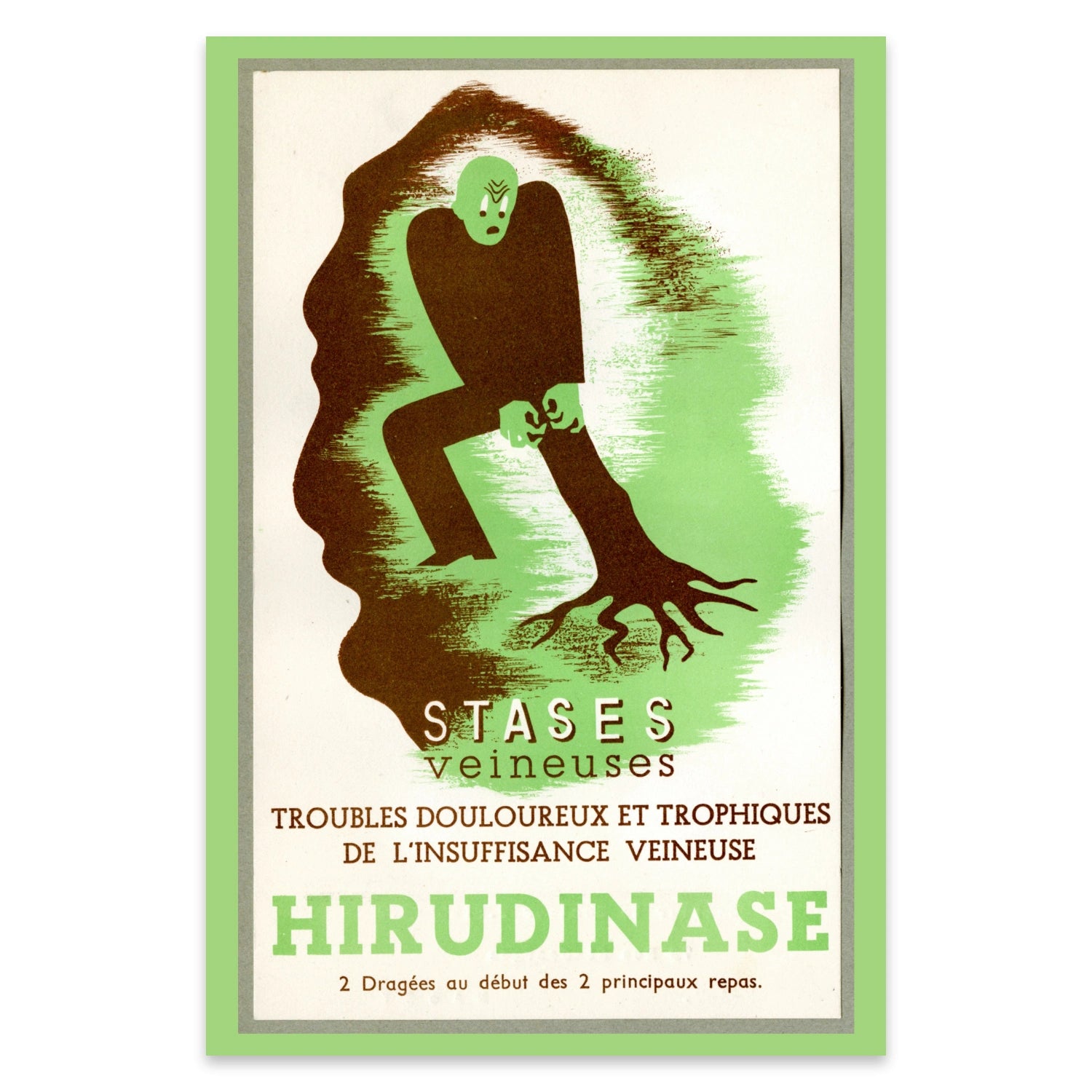 Retro Werbegrafik für Venenbeschwerden aus dem frühen 20. Jahrhundert.