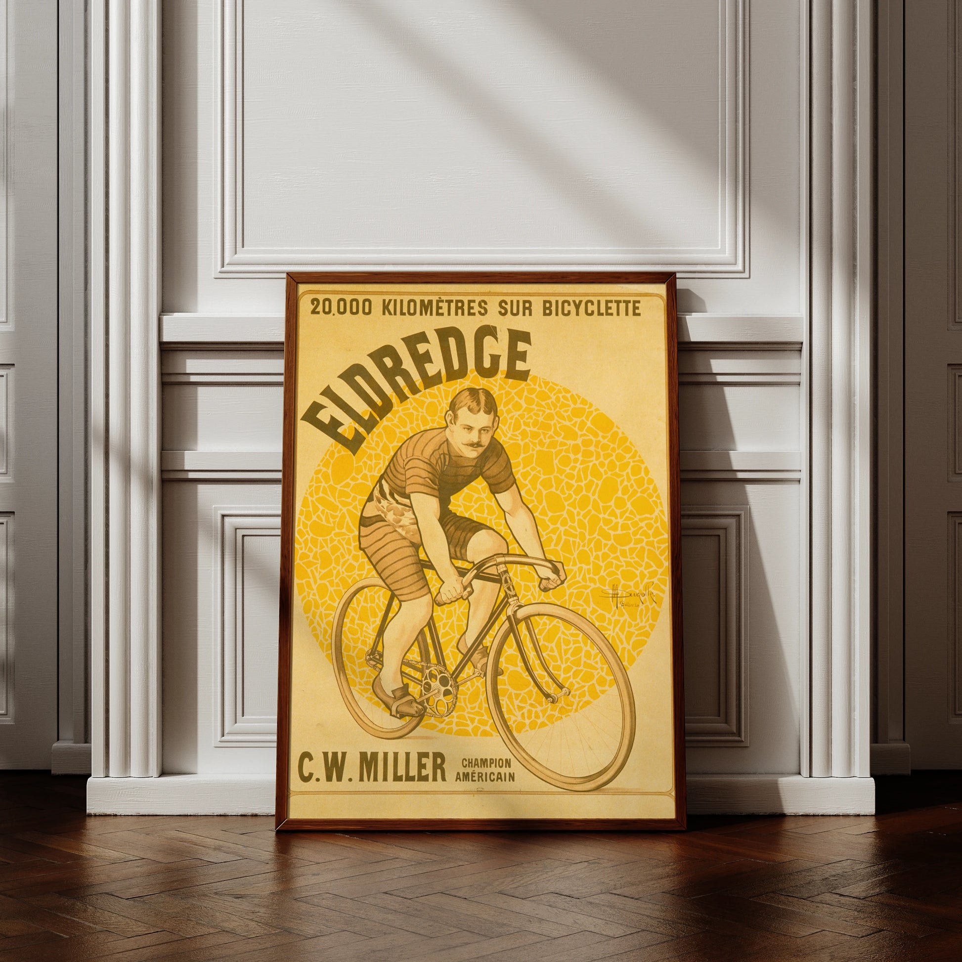 Vintage Poster des Radsportlers C.W. Miller auf einem Eldredge Fahrrad.